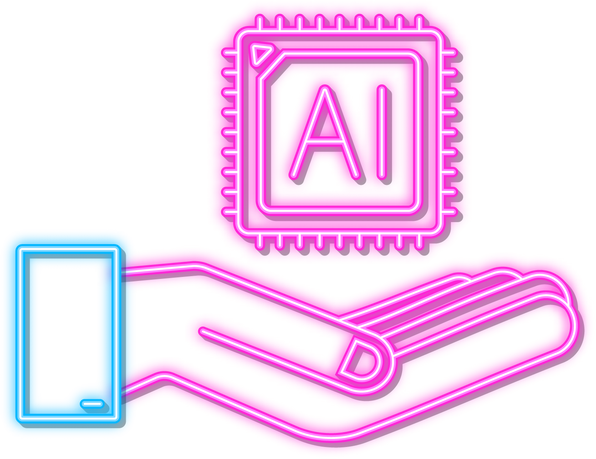 Artificial Intelligence landing page. Ai neon icon with hand